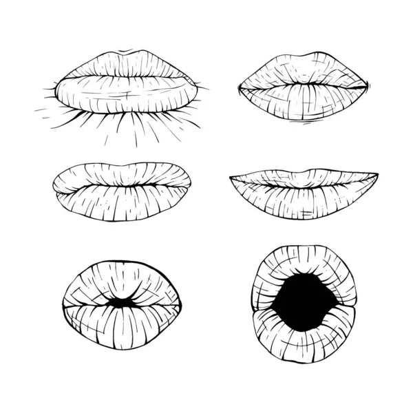 Set Mouth Expression Collection Sketch Vector Illustration Line Art — Stockový vektor