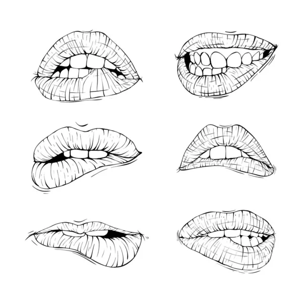 Set Sexy Mouth Lip Bite Collection Sketch Vector Illustration Line — стоковый вектор
