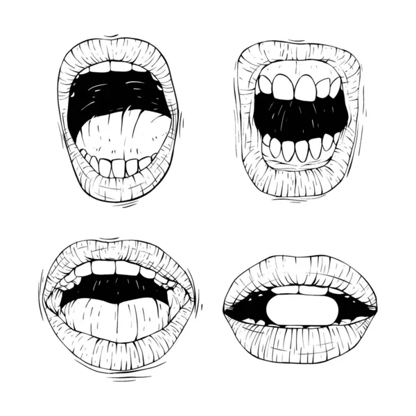 Set Open Mouth Collection Croquis Vectoriel Illustration Ligne Art — Image vectorielle