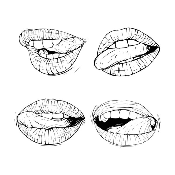 Set Mouth Tongue Collection Sketch Vector Illustration Line Art — Stock Vector