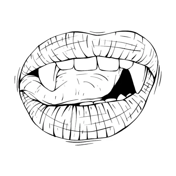 Rouge Vampire Lèvres Croquis Vectoriel Illustration Ligne Art — Image vectorielle