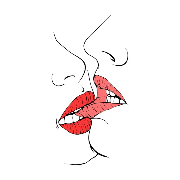 Casal Beijar Lábios Esboço Vetor Ilustração Linha Arte — Vetor de Stock