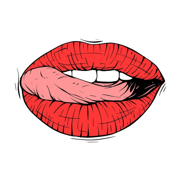 赤い女性の唇のスケッチベクトルイラストラインアート — ストックベクタ