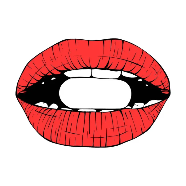 Rode Vrouwelijke Lippen Schets Vector Illustratie Lijn Kunst — Stockvector