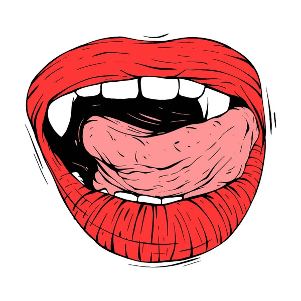 赤い吸血鬼の唇のスケッチベクトルイラストラインアート — ストックベクタ