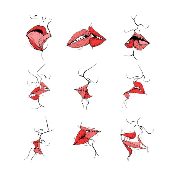 Set Pasangan Mencium Bibir Collction Sketsa Vektor Gambar Garis Gambar - Stok Vektor