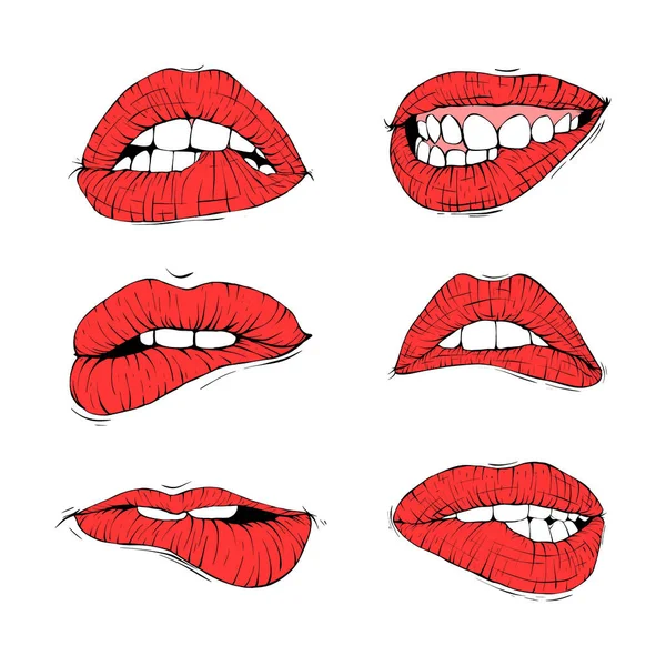 Set Sexy Mund Lippenbeiß Sammlung Skizze Vektor Illustration Linie Kunst — Stockvektor