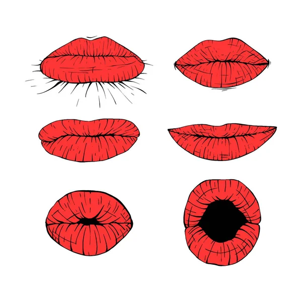 Set Red Female Lips Collection Sketch Vector Illustration Line Art — Stock Vector