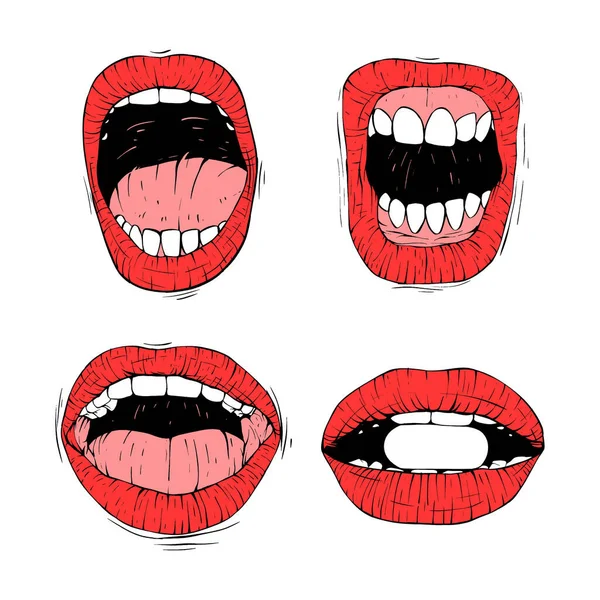 Set Open Mouth Kolekce Skica Vektor Ilustrace Čára Umění — Stockový vektor