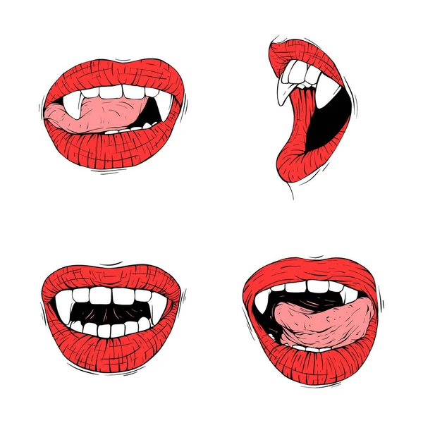 Set Rouge Vampire Lèvres Collection Croquis Vectoriel Illustration Ligne Art — Image vectorielle