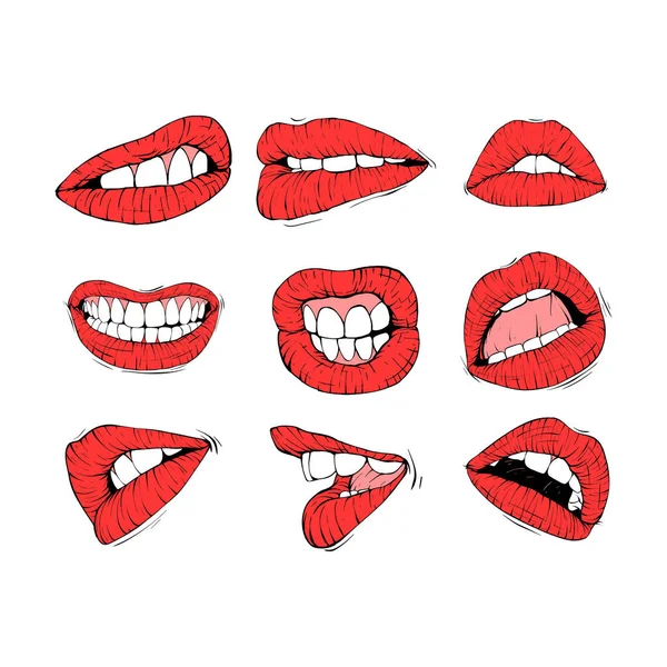Conjunto Vermelho Feminino Lábios Coleção Esboço Vetor Ilustração Linha Arte —  Vetores de Stock