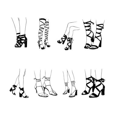 Dişi bacakları yüksek topuklu ayakkabılarla bağla. El çizimi çizimi vektör çizimi sanatı