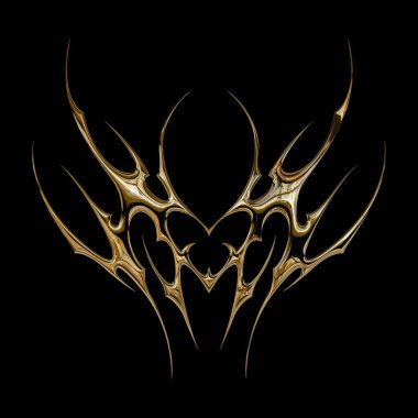 3 boyutlu krom metal efekti neo kabile y2k gotik stil dövme. Siber sigilizm kalp tasarım elementi.