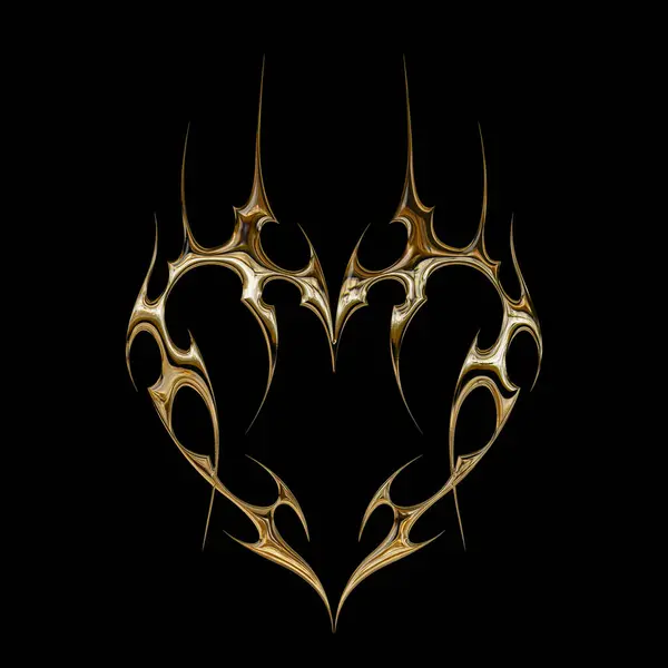 3 boyutlu krom metal efekti neo kabile y2k gotik stil dövme. Siber sigilizm kalp tasarım elementi.