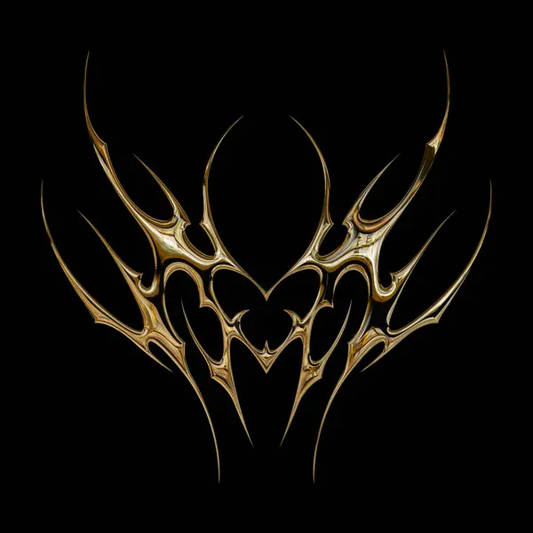3 boyutlu krom metal efekti neo kabile y2k gotik stil dövme. Siber sigilizm kalp tasarım elementi.