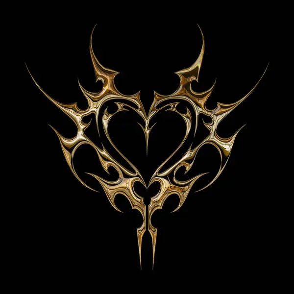 3 boyutlu krom metal efekti neo kabile y2k gotik stil dövme. Siber sigilizm kalp tasarım elementi.