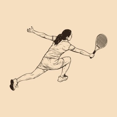 Kadın tenisçi. Eski moda gravür stili. Vektör illüstrasyonu.