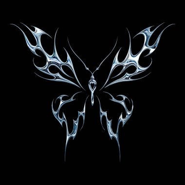 3 boyutlu krom metal efekti neo kabile y2k gotik stil dövme. Siber silizm kelebek tasarımı.