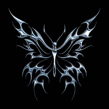 3 boyutlu krom metal efekti neo kabile y2k gotik stil dövme. Siber silizm kelebek tasarımı.