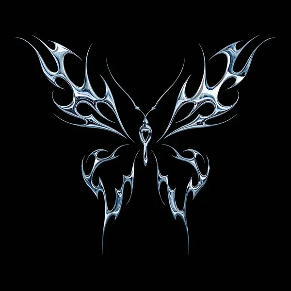 3 boyutlu krom metal efekti neo kabile y2k gotik stil dövme. Siber silizm kelebek tasarımı.