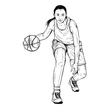 Kadın basketbol oyuncusu. Eski moda gravür stili. El çizimi illüstrasyon.