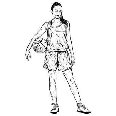 Female basketball player. Vintage line engraving style. Hand drawn illustration. clipart