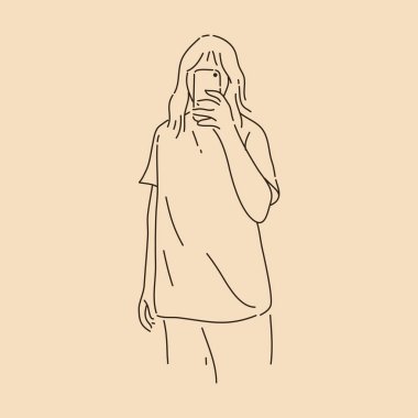 Kız Ayna Selfie 'si. Çizgi çizimi. Çizim taslağı vektör çizimi