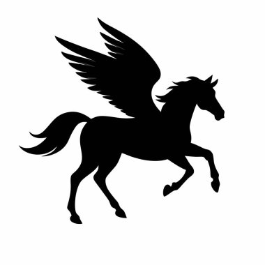 Siyah ve beyaz bir pegasus silueti, kanatları olan efsanevi bir yaratık. At dört nala koşuyor, vücudu gerilmiş.