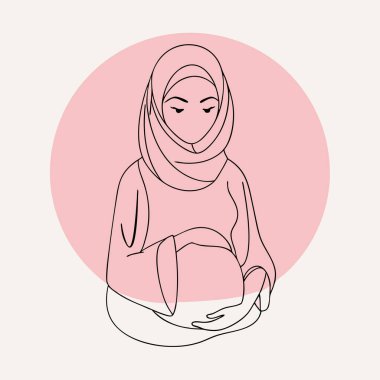 Elinde pembe atkısı olan genç ve güzel bir müslüman kadın. Bir kız Lotus pozisyonunda meditasyon yapıyor. Düz dizayn vektör illüstrasyonu. izole