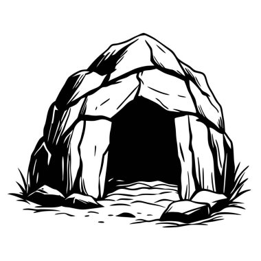 Kara delikli kaya taşı. siyah ve beyaz çizgi film vektör çizimi. beyaz arkaplanda izole.