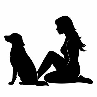 Köpeği beyaz arka planda olan bir kadının vektör silueti.