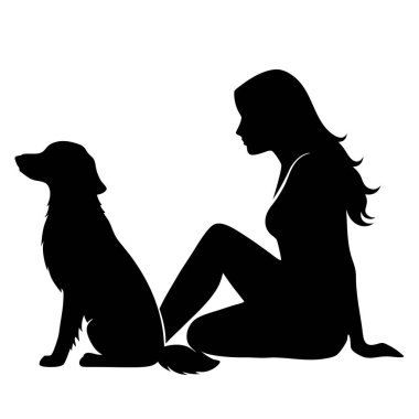 Köpeğinin oturan kadın silueti.