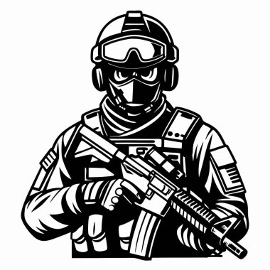 Tüfekli ve maskeli asker silueti.