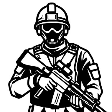 Asker üniformalı ve miğferli, vektör resimli.