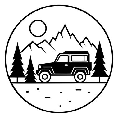 Dağlı yuvarlak rozet ve daire vektör çizim tasarımlı araba