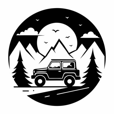 Çam ormanlı ve dağlı araba manzara vektörü çizimi