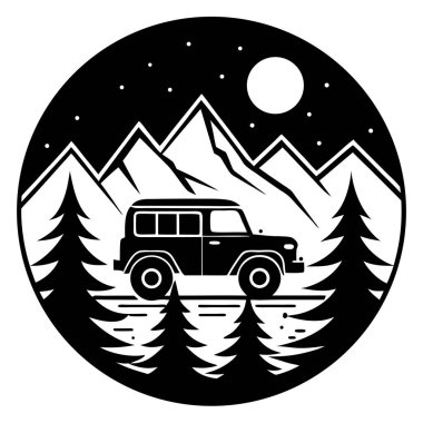 Ormanın arka planında arabası olan bir adamın silueti. vektör illüstrasyonu