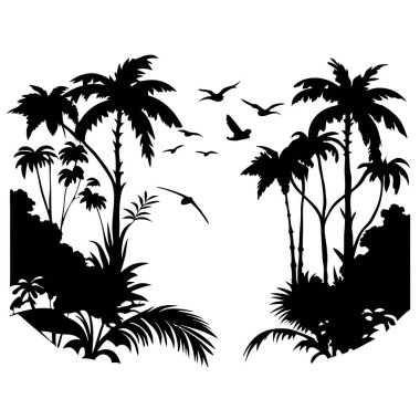 Kuşlu ve çiçekli palmiye ağaçları