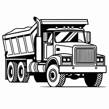 Beyaz arka planda römorku olan bir damperli kamyonun siyah-beyaz çizimi