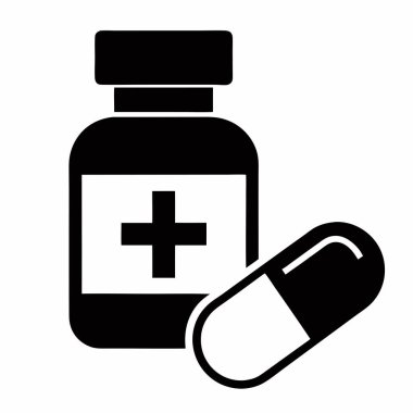 İlaç şişesinde tıbbi haplar vektör ikonu tasarımı, beyaz arka planda siyah vektör illüstrasyonu