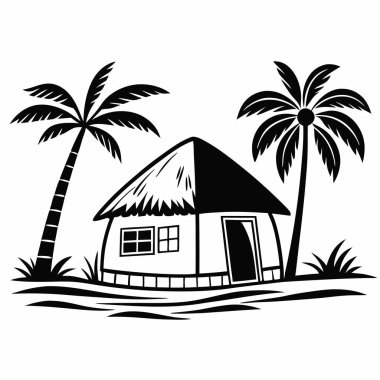 Palmiye ağaçları ve plajı olan tropikal bir evin vektör çizimi