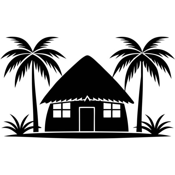 домик на пляже с пальмами и иконой зонтика