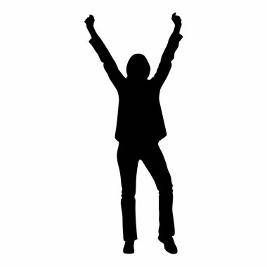 Elleri havada bir adamın silueti. Beyaz arkaplanda izole edilmiş, vektör illüstrasyonu