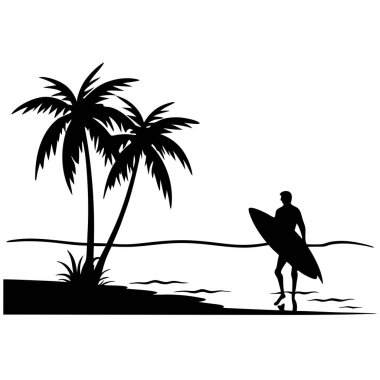 Beyaz izole arkaplanda sörf tahtası olan sörfçü silueti