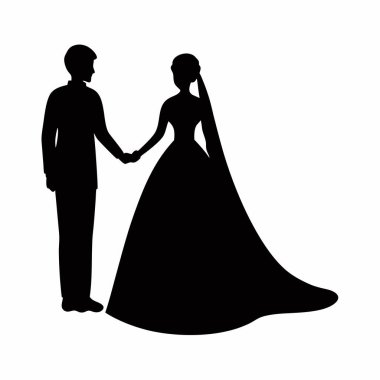 Beyaz arkaplanda gelin ve damadın vektör silueti.
