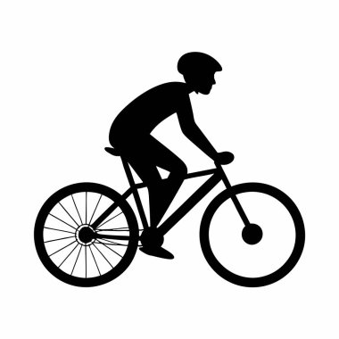 Beyaz arka planda bisikleti olan siluet adam.