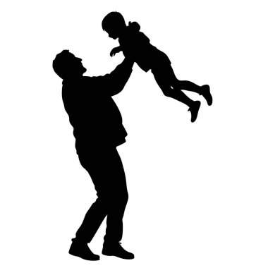 Siluet baba ve oğul mutlu bebekle oynuyorlar.