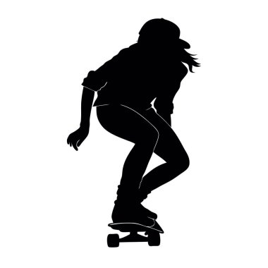 Genç bayan kaykaycı silueti. vektör illüstrasyonu.