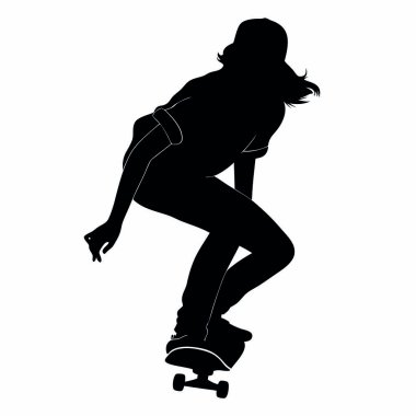 Kadın kaykaycı silueti beyaz üzerine izole edilmiş.