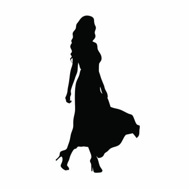 Beyaz arka planda beyaz elbiseli genç bir kadının vektör silueti.